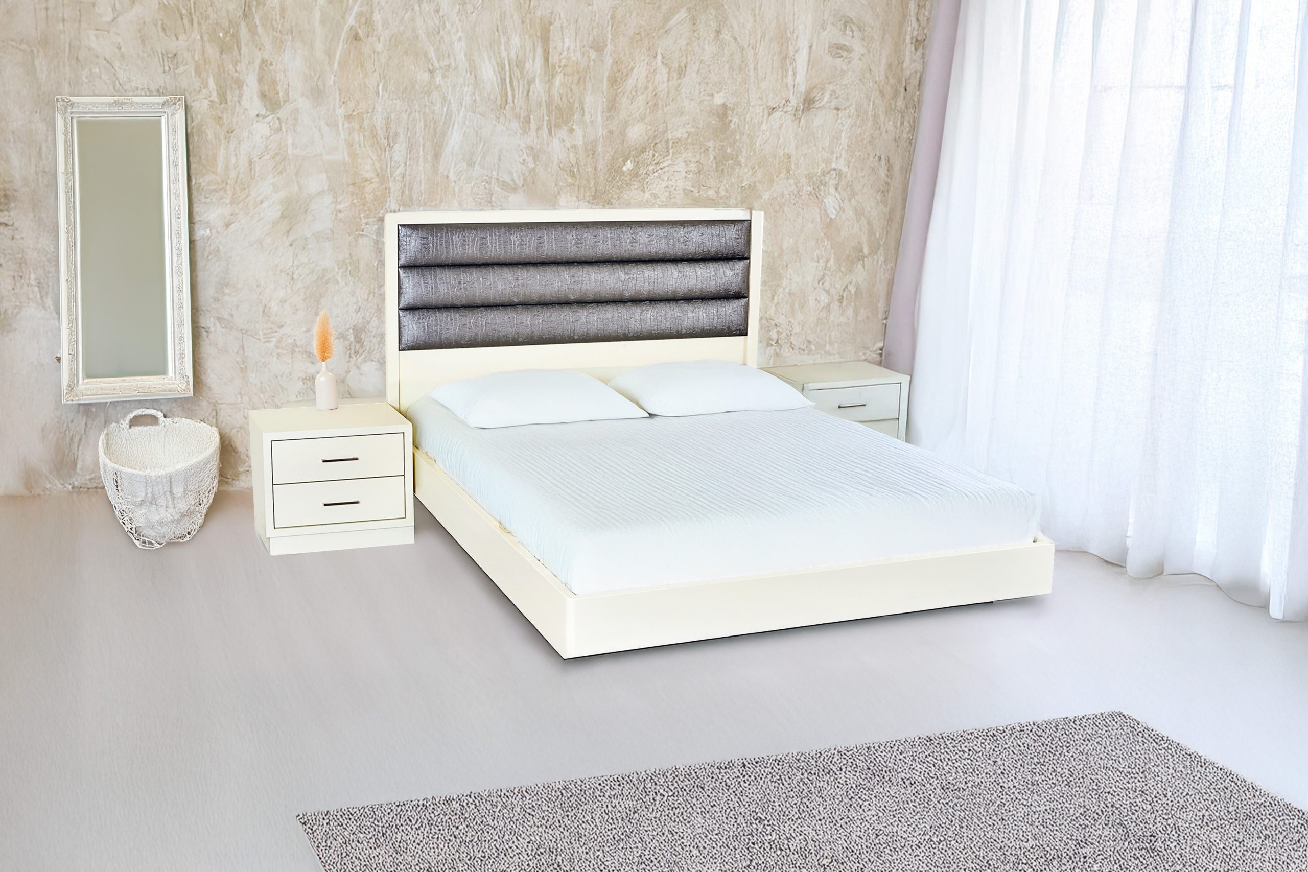 מיטה זוגית מרחפת עם ראש מיטה - דגם פסים