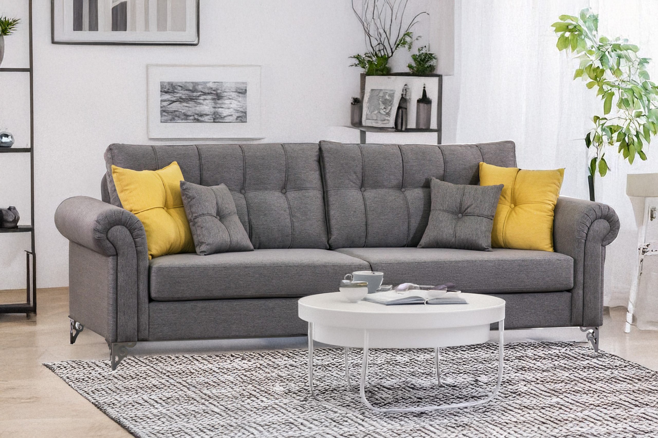 ספה תלת מושבית לסלון דגם רומא כרית תפירה ישרה רגל ניקל מעוצבת