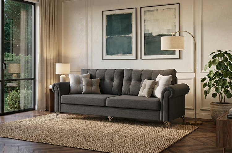 ספה תלת מושבית לסלון דגם רומא כרית תפירה ישרה רגל ניקל מעוצבת