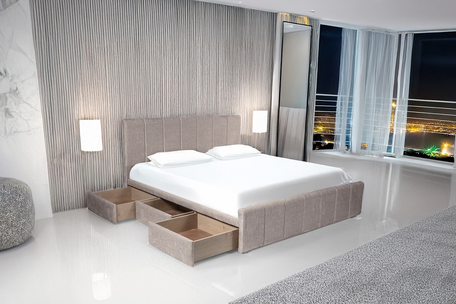 מיטה זוגית מרופדת דגם נוי מגירות