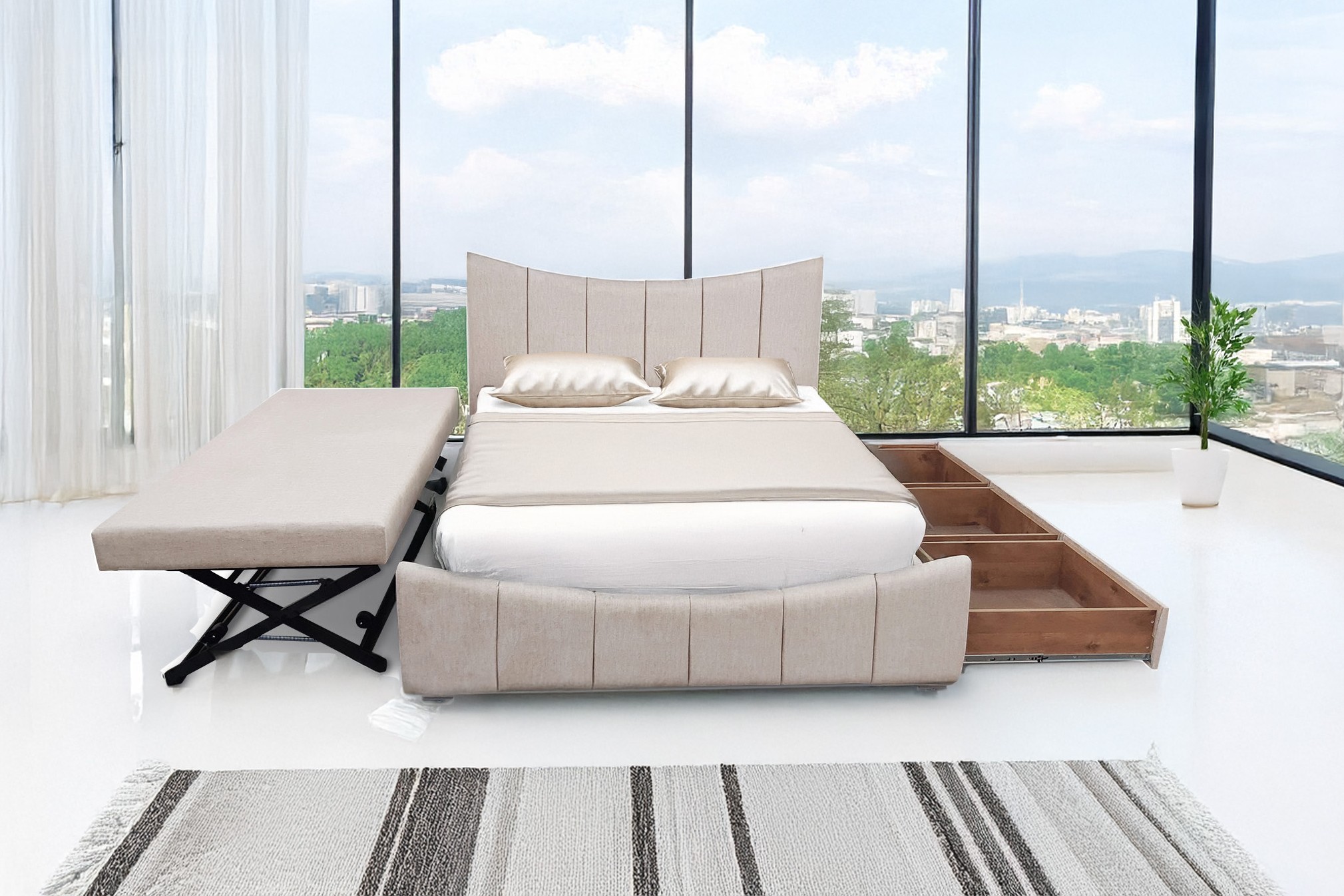 מיטה זוגית עם מיטה נוספת נשלפת ומגירות לאחסון דגם קשת