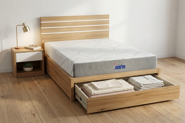 מיטה עם מגירת אחסון מהחזית