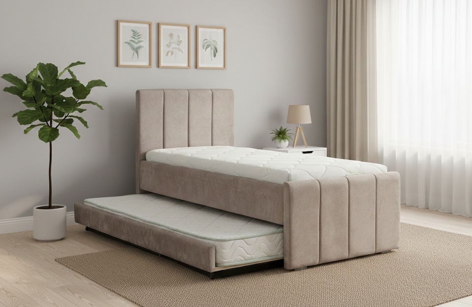 מיטה היי רייזר מרופדת עם ארגז כולל מזרנים דגם נוי - מיטת נוער נפתחת