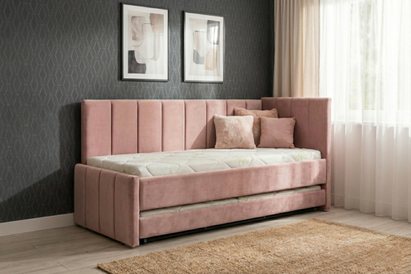 מיטה היי רייזר מרופדת עם ארגז כולל מזרנים דגם ירין ראש פינתי - מיטת נוער נפתחת