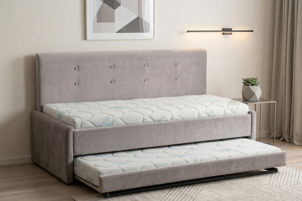 מיטה היי רייזר מרופדת עם ארגז כולל מזרנים דגם שקד - מיטת נוער נפתחת