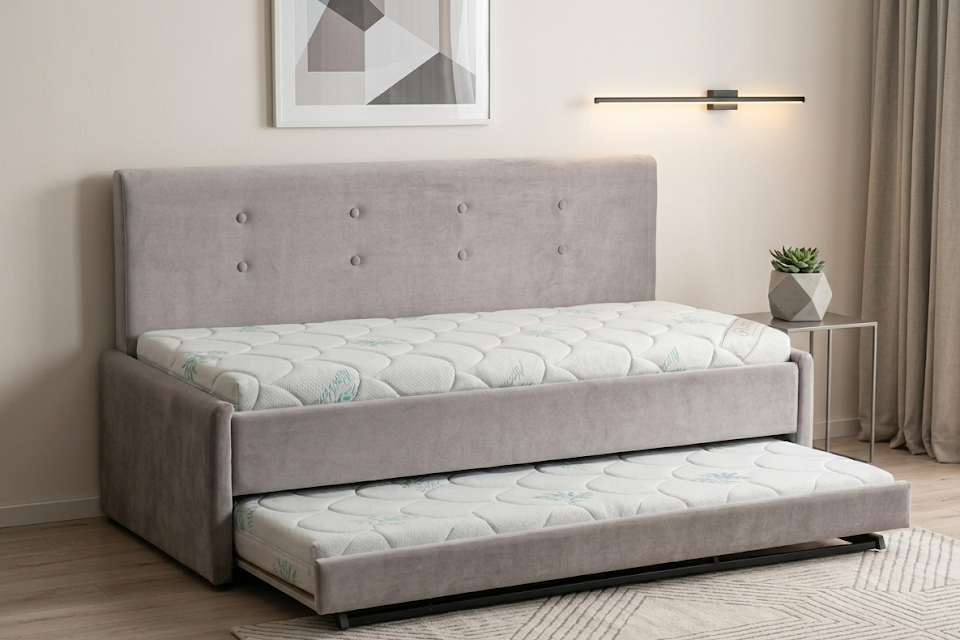 מיטה היי רייזר מרופדת עם ארגז כולל מזרנים דגם שקד - מיטת נוער נפתחת