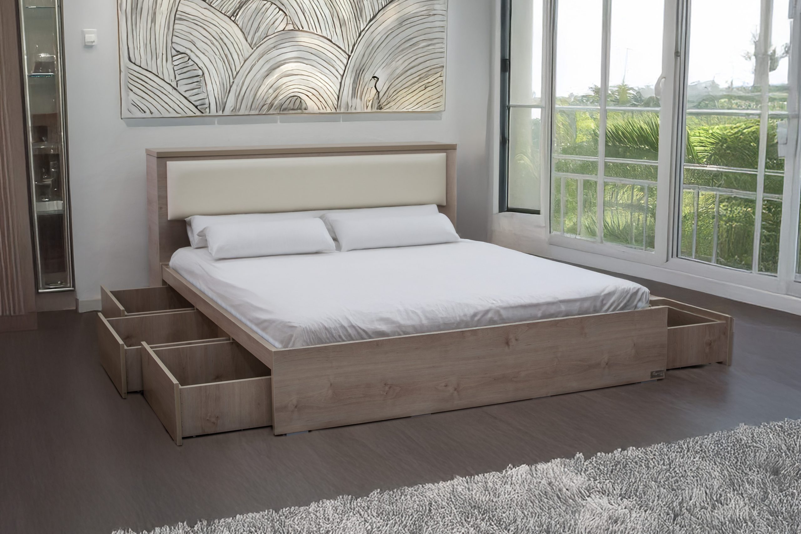 מיטה זוגית עם ארגז חכם עם ראש מדף