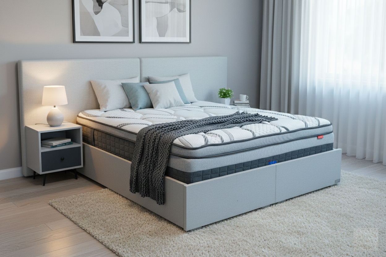 מיטה זוגית דגם גל - ראש מרופד וזוג שידות